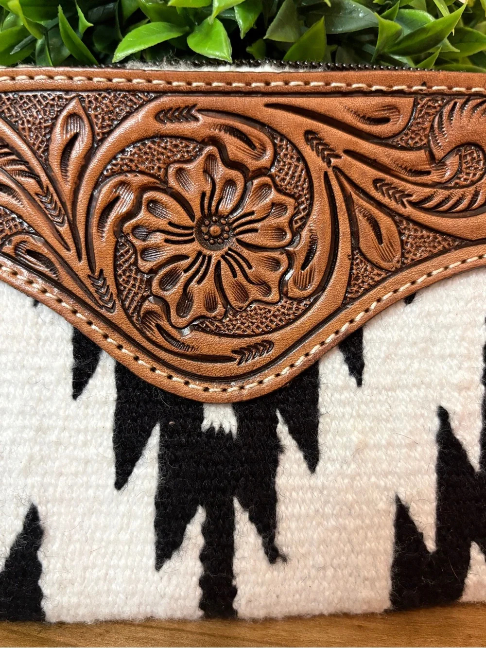 Western WristlWoven Black & White Aztec  with Tooled Brown Leather Accent